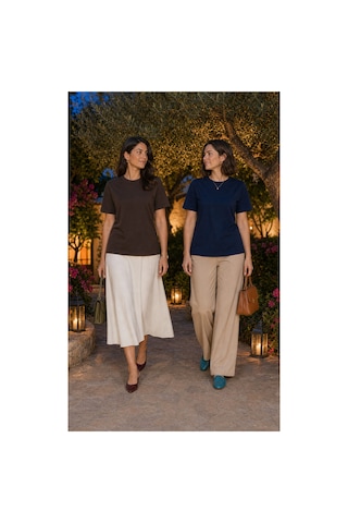 Modi Green Premium Oysho Model 2'li Unisex Regular Oversize Sıfır Yaka Tişört - Kahverengi - Lacivert