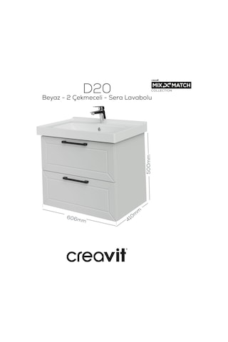 Creavit D20 65 Cm İki Çelmeceli Lavabo Dolabı Beyaz Lake Kapak Antrasit