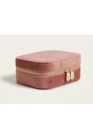 Takı Kutusu Düzenleyici Seyahat Çantası Kolye Yüzük Küpe Organizer Kadife Pembe 12cmx8cm Pudra