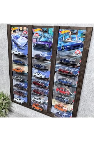 Premium Kart Sergileme Standı, Kartonet Doğal Ahşap Sergileme Vitrini, Oyuncak Araba Rafı-ceviz Çok Renkli