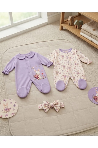 Newworld Asorti Tekli Unisex Tavşan Desenli Bebek Tulum Seti Çok Renkli
