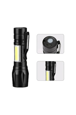 Wınlıght Usb Şarjlı Mini El Feneri 2Mod + Yan Led 3W Çakarlı Q5 A Siyah