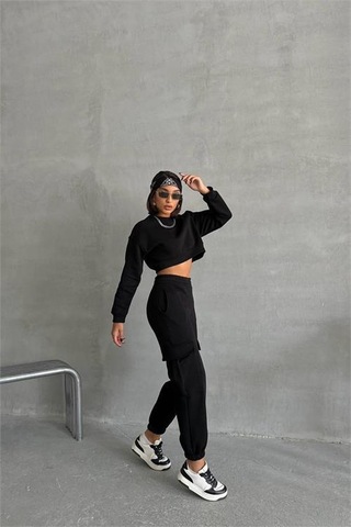 Dip Moda Kadın Bisiklet Yaka Crop Eşofman Takımı Dpnbg041 Siyah