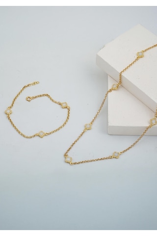 Bilezikci Beyaz Yoncalı Kolye Bileklik 14 Ayar Set