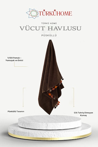 Püsküllü Yumuşak Pamuk Havlu Yüksek Emicili Vücut Havlusu 70x130 Cm Kahverengi
