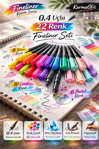 22 Renk Fineliner Kalem Seti 0.4 Mm Neon,pastel,canlı Pensan İnce Uç Çizim Kalemi Seti