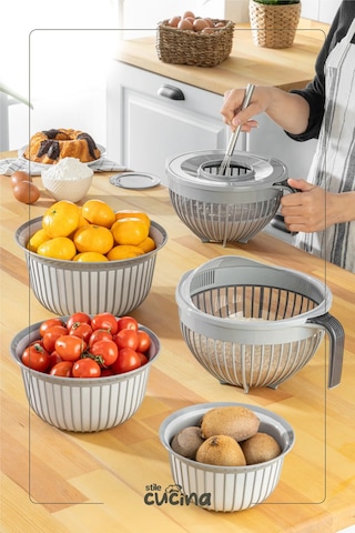 5 Parça Linea Çok Amaçlı Çeyiz Seti Gri 1x Mikser Kabı 3lt 1x 3 Boy Kase 1x Pirinç Süzgeçi 3lt Gri