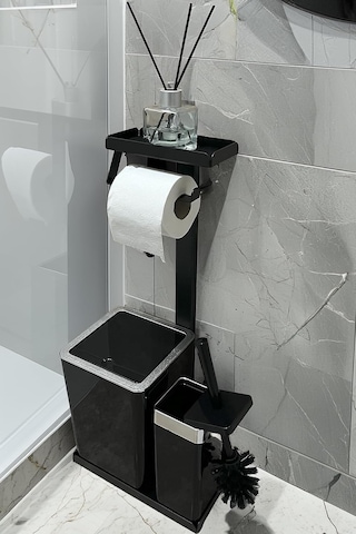 3'ü 1 Arada Banyo Seti Tuvalet Kağıtlık, Çöp Kovası Ve Tuvalet Fırça Takımı Krom Siyah Çok Renkli