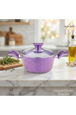 20 Cm Granit Derin Tencere Cam Kapak - Violet Violet