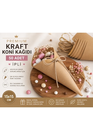 Premium Kraft Koni Kağıdı 50 Adet İpli Hediyelik İkram Ve Şeker Sunum Külahı
