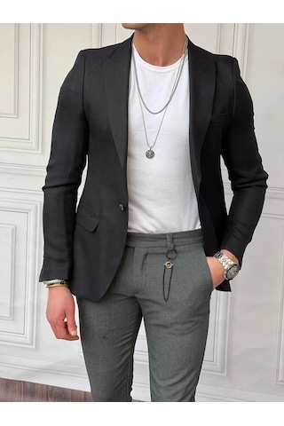 Modefendi Petek Örme Pamuk Likra Slimfit Kalıp Tek Ceket Siyah