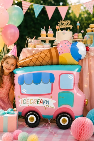 Folyo Balon Dondurma Arabası Makaron 70x58 Cm Doğum Günü Parti Süsü Dekoratif Büyük Balon Çok Renkli