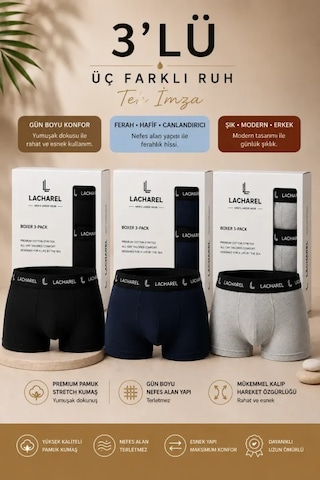 Suma Erkek Likralı Pamuklu Penye Boxer 3'lü Paket Siyah Gri Lacivert Çok Renkli