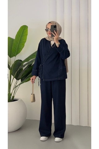 Molly Nelly Kadın Lacivert Kot Pantolon Bağcık Detaylı Bluz Takım Lacivert
