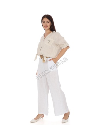 Eren Style İtalyan Kemerli Keten Pantolon-9200 Beyaz