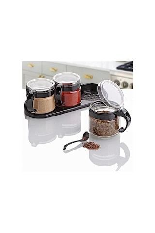 N&m Store Siyah 3lü Standlı Kapaklı Kaşıklı Cam Hava Sızdırmaz Baharatlık Takımı Kc-386 Çok Renkli