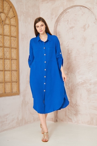Yıldızistan Kadın Saks Müslin Extra Geniş Oversize Yarasa Kol Cepli Uzun Kollu Yazlık Gömlek Elbise 3440495 Saks Mavi