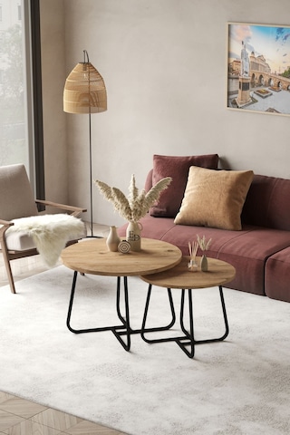 Üsküp Orta Sehpa Takımı Siyah Metal - Atlantik Çam Tabla