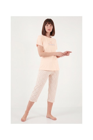 Lela Desenli Pamuklu Bisiklet Yaka Kaprili Pijama Takımı Bayan Pijama Takımı 65790787 Turuncu