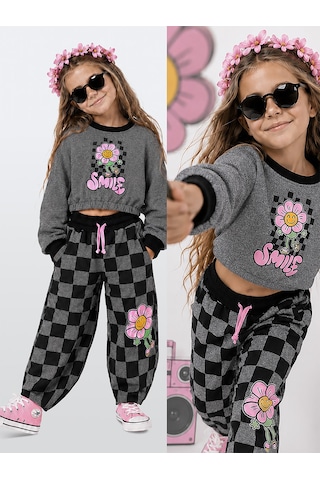 Deno Kids Denokids Kız Çocuk Eşofman Takım Crop Sweatshirt - Damalı Bol Eşofman Altı Oversize Kışlık 4-10 Yaş Çok Renkli