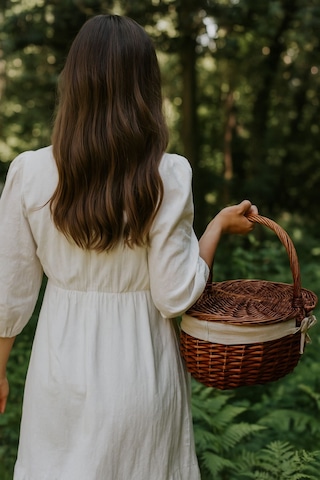 Krem Kumaş Detaylı Hasır Piknik Sepeti 40x30x19 Cm Kapaklı Termoform Sepet Brown