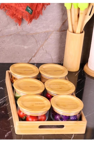 Duo 300ml 6'lı Tepsili Bambu Kapaklı Cam Kahvaltılık Ahşap - Şeffaf