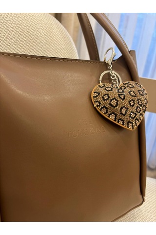Leopar Desenli Taşlı Kalp Charm Çanta Aksesuarı Anahtarlık