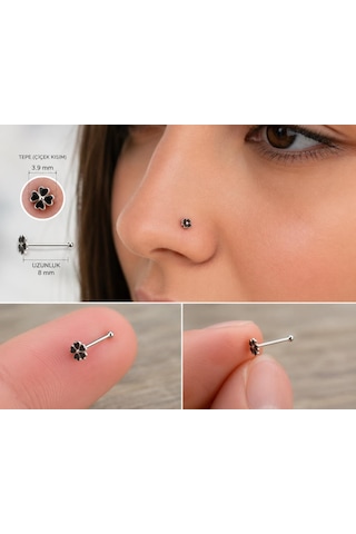 925 Ayar Gümüş Burun Hızması Siyah Çiçek Desenli Minimal Nose Stud Kadın Erkek Unisex 8 Mm Gri