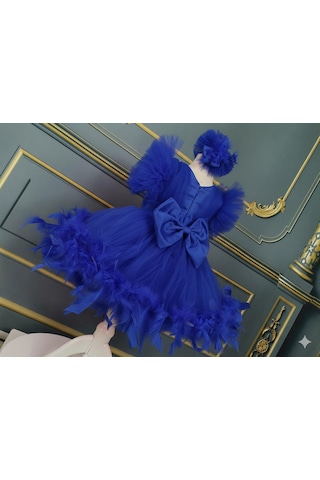 Star Kids Fashion Kız Çocuk Saks Mavisi Tüylü Elbise,kız Çocuk Abiye Elbise,toka Dahil Saks Mavi
