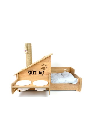 Realwood Ahşap Seramik Kaseli Tırmalama Çubuklu Açık Kapalı Kedi Evi