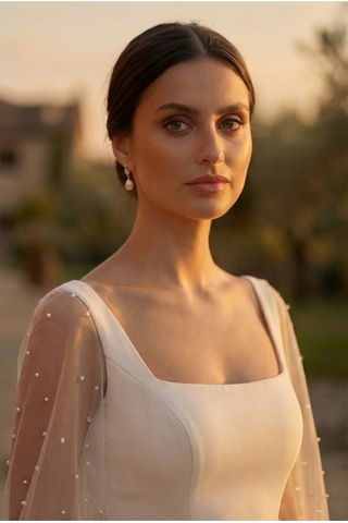 Berissima Bride İnci Detaylı Balon Kol Nikah Elbisesi, Kare Yaka, Kırık Beyaz, Maxi Yırtmaçlı Etek, Celia Kırık Beyaz Kırık Beyaz