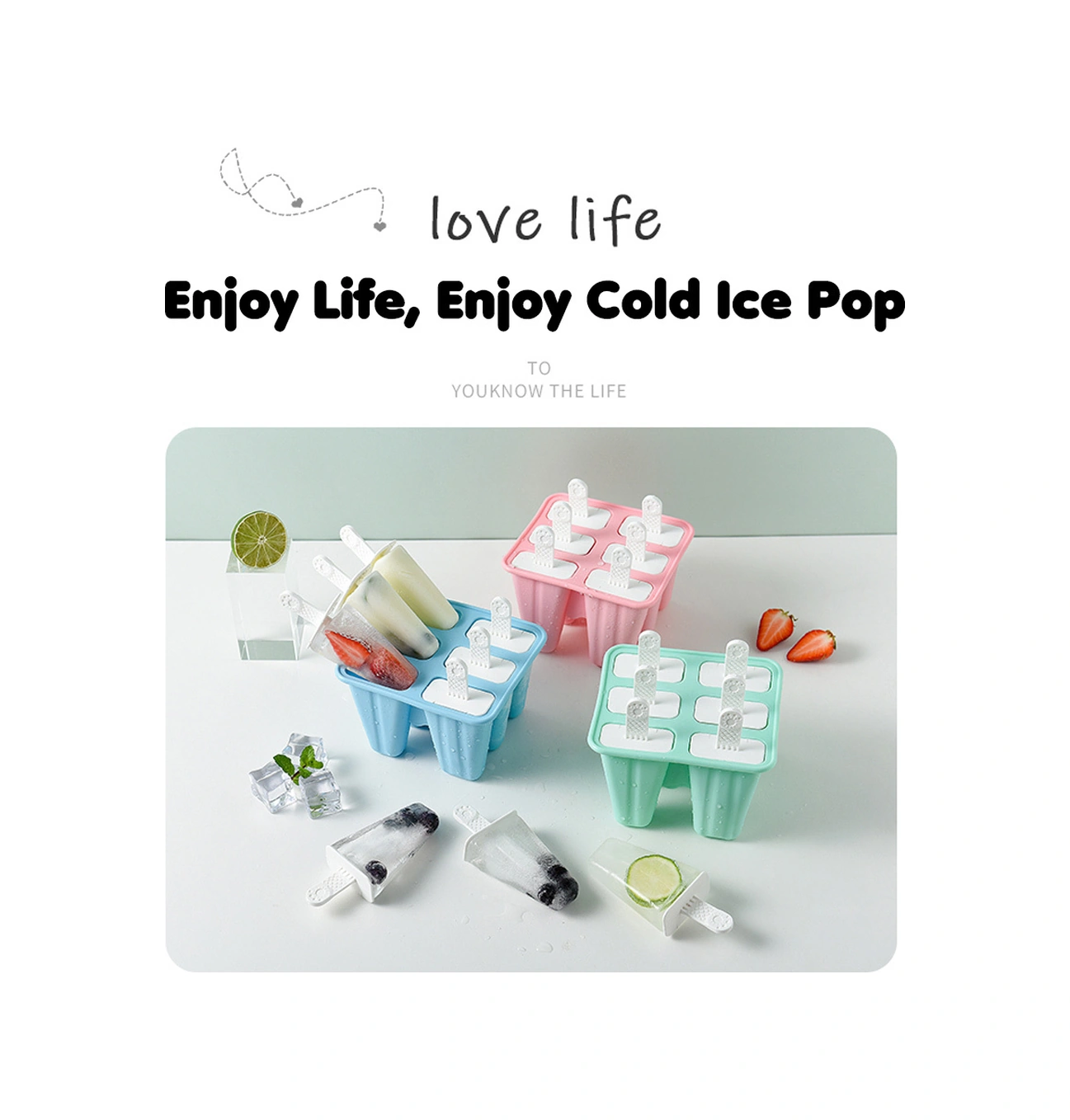 Yaleker 4 Bölmeli Pembe Silikon Dondurma Kalıbı Uzun Kollü Bağımsız Kapaklı Çok Renkli