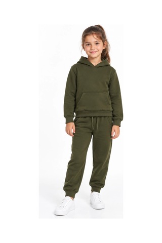 Rony Pony Kids Unisex Kız Erkek Çocuk Haki 3 İplik Kapüşonlu Kanguru Cepli Eşofman Takımı