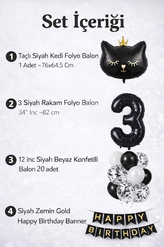 3 Yaş Kedi Temalı Doğum Günü Balon Seti Siyah Konsept Siyah