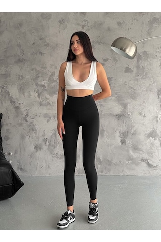 Nolya Moda Yüksek Bel Şardonlu Kışlık İç Göstermez Belize Tayt Siyah