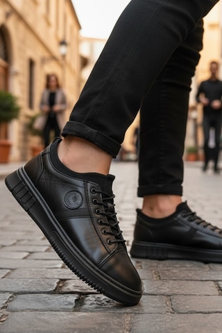 Enoch Hakiki Deri Arma Detaylı Erkek Sneaker Ayakkabı Ortopedik Taban Siyah