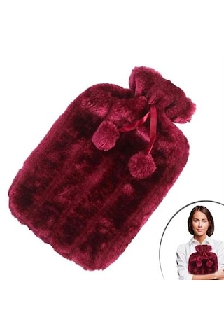 Petinka Ponponlu Peluş Sıcak Su Torbası Kırmızı 2 L