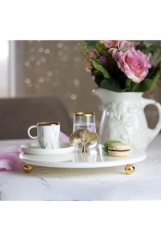 Akayev Mermer Beyaz 28 Cm Altın Boncuk Ayak Ginkgo Sunum Tabağı Beyaz