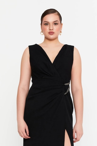 Doridorca Kadın Krep Kumaş Drapeli V Yaka Maxi Abiye Elbise 7057 Siyah Siyah