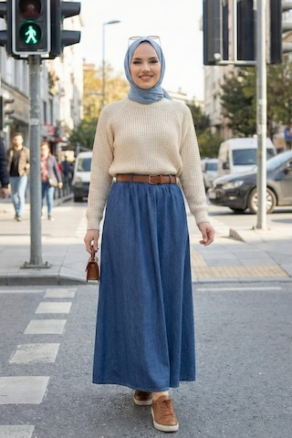 Hb Harma Time Butik Kadın Koyu Kot Mavi Kemerli Etek Koyu Mavi