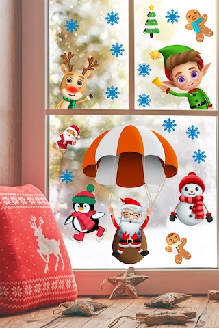 Paraşütle Uçan Noel Baba Kardan Adam Penguen Ve Kurabiye Adamlar Yılbaşı Sticker