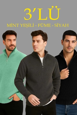 Veraura Lifestyle Erkek Fitilli Triko Kazak 3 Lü Set Mint Yeşili, Siyah, Füme Kalın Dokuma Pamuklu Regular Fit V Yaka Fermuarlı Uzun Kollu Rahat Kışlık Kazak Kombini Mint Yeşili-siyah-füme