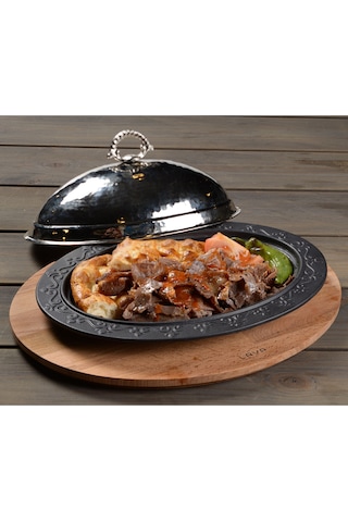 Lava Döküm Oval Döner. Kebap Tabağı. Ahşap Altlıklı. Ölçü 28x20cm