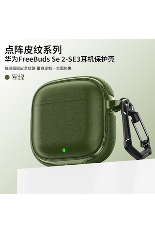 Huawei Freebuds Se 2 / Se 3 İle Uyumlu Kılıf Deri Dokulu Tpu Koruyucu Case Metal Karabinalı Şarj Girişli Koyu Yeşil