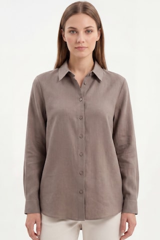 Goffra Kadın Gia %100 Doğal Keten Gömlek - Klasik Yaka Basic Minimalist Tasarım Kahverengi W207-k0401-02
