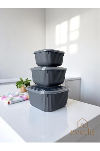 Eveda Snaplid Line Kare Üçlü Set Antrasit