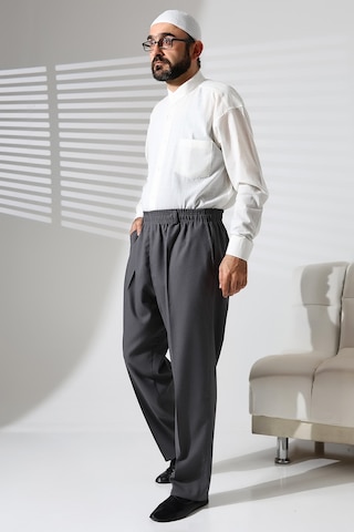 Erkek Beli Lastikli Cepli Hac Ve Umre Kışlık Yün Efektli Şalvar Pantolon - Gri İsr Gri