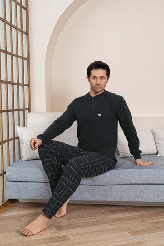 Erkek 3 Düğme Göğüs Cepli Kışlık Pamuklu Selanik Kumaş Uzun Manşetli Kol Cepli Pijama Takımı Koyu Yeşil