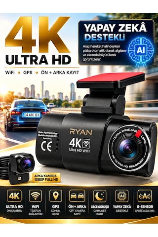 Bagajon Ryan Yapay Zeka Destekli 4k Ön 1080p Arka Araç Kamerası Wifi Gps, Gece Görüşü, G-sensor, Park Kiti