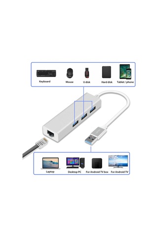 Alüminyum Type-a Usb 3.0 Hub Çoklayıcı + Rj45 Lan Ethernet Dönüştürücü Adaptör